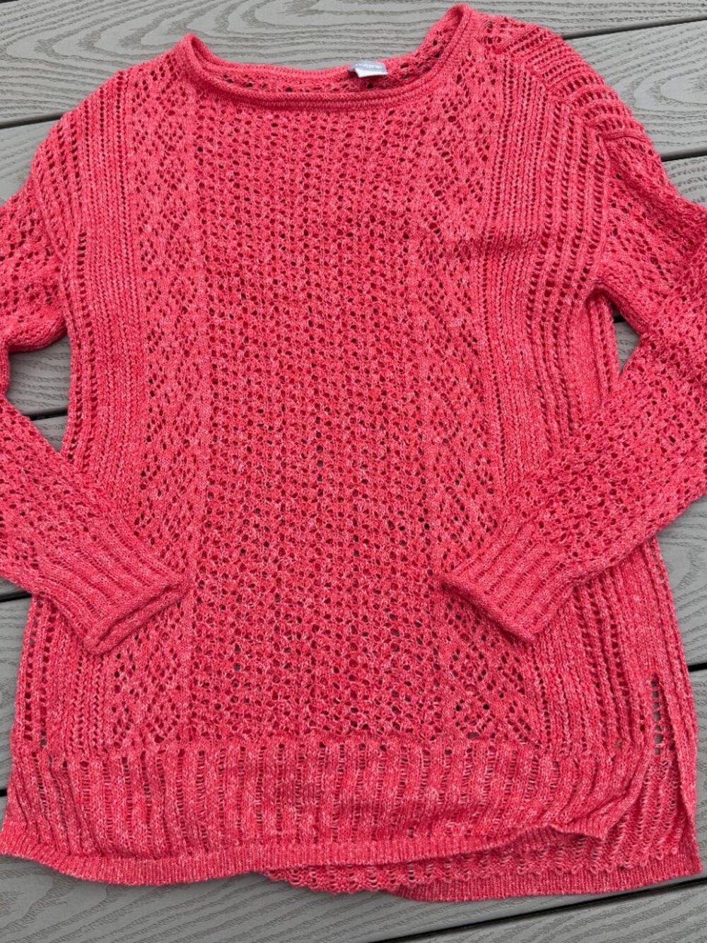 Chico’s Open-Stitch Pullover Sweater Women’s Size 1 Med Long Sleeves Coral Pink